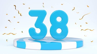 Metin 38 çizgili bir kürsüde duruyor, podyum, sahne konfetilerle çevrili. Tebrik kartı, indirim kartı, indirim indirimi, tatil indirimi, doğum günü, büyük açılış. 3d hazırlayıcı