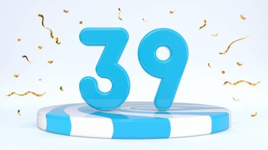 39. metin şeritli bir kürsüde duruyor, podyum, sahne konfetilerle çevrili. Tebrik kartı, indirim kartı, indirim indirimi, tatil indirimi, doğum günü, büyük açılış. 3d hazırlayıcı
