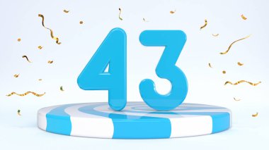 Metin 43 çizgili bir kürsüde duruyor, podyum, sahne konfetilerle çevrili. Tebrik kartı, indirim kartı, indirim indirimi, tatil indirimi, doğum günü, büyük açılış. 3d hazırlayıcı