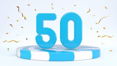 Metin 50 çizgili bir kürsüde duruyor, podyum, sahne konfetilerle çevrili. Tebrik kartı, indirim kartı, indirim indirimi, tatil indirimi, doğum günü, büyük açılış. 3d hazırlayıcı