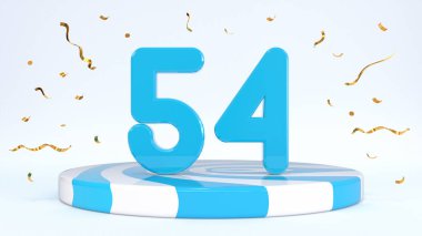 Metin 54 çizgili bir kürsüde duruyor, podyum, sahne konfetilerle çevrili. Tebrik kartı, indirim kartı, indirim indirimi, tatil indirimi, doğum günü, büyük açılış. 3d hazırlayıcı