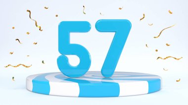 Metin 57 çizgili bir kürsüde duruyor, podyum, sahne konfetilerle çevrili. Tebrik kartı, indirim kartı, indirim indirimi, tatil indirimi, doğum günü, büyük açılış. 3d hazırlayıcı