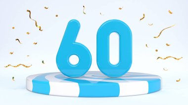 Metin 60 çizgili bir kürsüde duruyor, podyum, sahne konfetilerle çevrili. Tebrik kartı, indirim kartı, indirim indirimi, tatil indirimi, doğum günü, büyük açılış. 3d hazırlayıcı