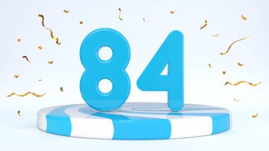 Metin 84 çizgili bir kürsüde duruyor, podyum, sahnenin etrafı konfetilerle çevrili. Tebrik kartı, indirim kartı, indirim indirimi, tatil indirimi, doğum günü, büyük açılış. 3d hazırlayıcı