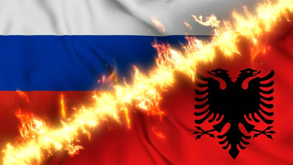 Ilustracja Machającej Flagi Rosji Albanii Oddzielonej Linią Ognia Krzyżowane Flagi — Zdjęcie stockowe