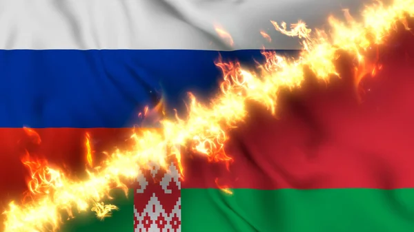 Illustration Viftande Flagga Från Ryssland Och Vitryssland Åtskilda Skottlinje Korsade — Stockfoto