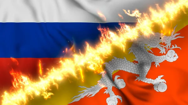 Ilustração Uma Bandeira Ondulante Rússia Butão Separados Por Uma Linha — Fotografia de Stock