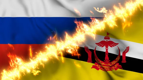 Ilustración Una Bandera Ondeante Rusia Brunéi Separadas Por Una Línea — Foto de Stock