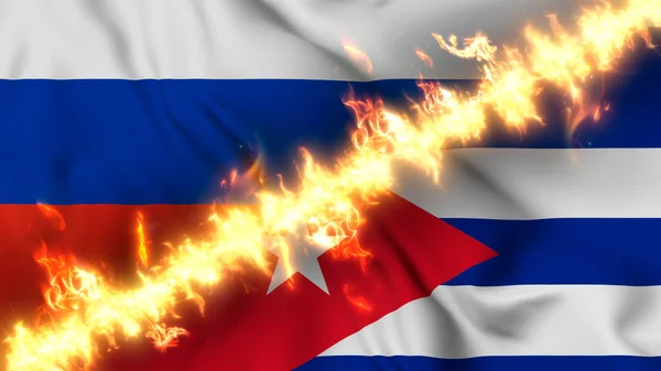 Ilustración Una Bandera Ondeante Rusia Cuba Separadas Por Una Línea —  Fotos de Stock