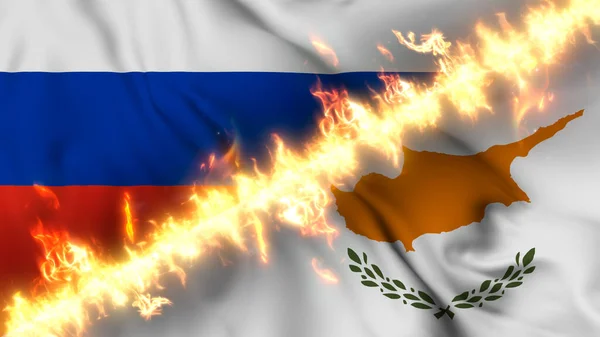 Ilustración Una Bandera Ondeante Rusia Chipre Separadas Por Una Línea —  Fotos de Stock