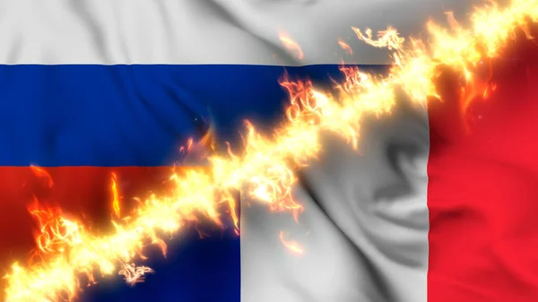 俄罗斯和法国摇曳的国旗被火线隔开的图例 交叉旗帜 对两国关系紧张 冲突和竞争的描述 — 图库照片