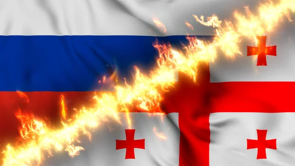 Illustration Flagga Ryssland Och Georgien Åtskilda Linje Eld Korsade Flaggor — Stockfoto