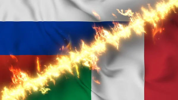 Illustration Viftande Flagga Ryssland Och Italien Åtskilda Linje Eld Korsade — Stockfoto