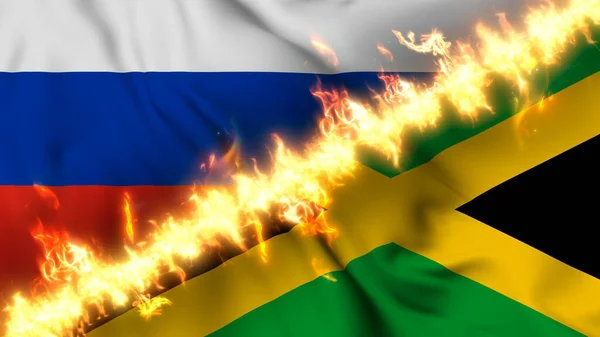Ilustración Una Bandera Ondeante Rusia Jamaica Separadas Por Una Línea — Foto de Stock
