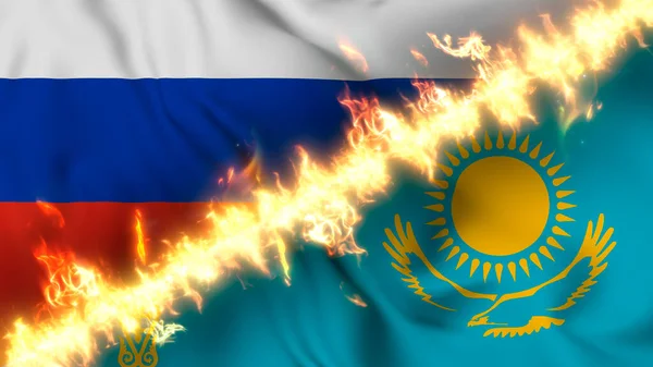 Ilustración Una Bandera Ondeante Rusia Kazajstán Separadas Por Una Línea —  Fotos de Stock