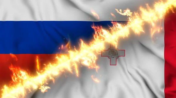 俄罗斯和马耳他摇曳的国旗被一道火线隔开的图例 交叉旗帜 对两国关系紧张 冲突和竞争的描述 — 图库照片