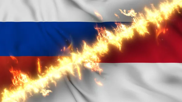 Stock image Illustration of a waving flag of russia and Monaco separated by a line of fire. Crossed flags: depiction of strained relations, conflicts and rivalry between the two countries