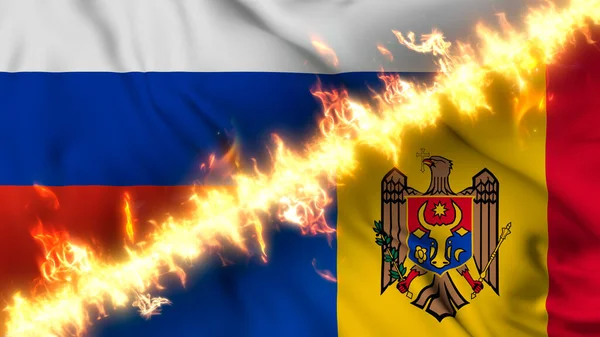 Illustration Viftande Flagga Ryssland Och Moldavien Åtskilda Linje Eld Korsade — Stockfoto