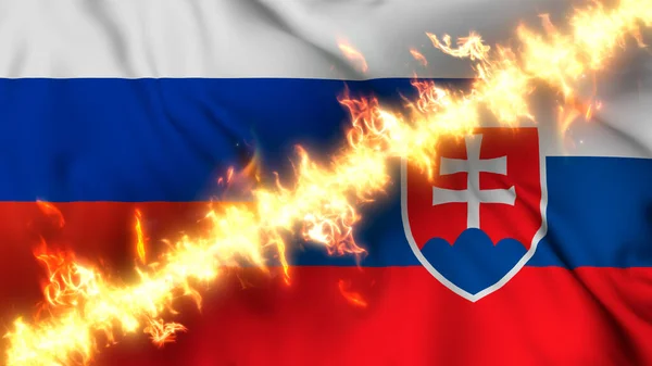 俄罗斯和斯洛伐克摇曳的国旗被一道火线隔开的例子 交叉旗帜 对两国关系紧张 冲突和竞争的描述 — 图库照片