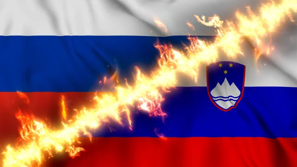 Illustration Viftande Flagga Ryssland Och Slovenien Åtskilda Linje Eld Korsade — Stockfoto