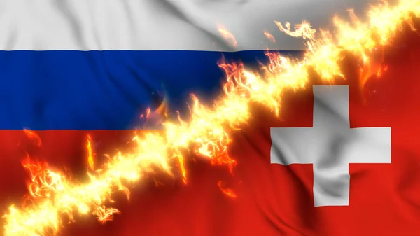 Illustration Viftande Flagga Ryssland Och Schweiz Åtskilda Linje Eld Korsade — Stockfoto