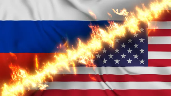 俄罗斯和美利坚合众国摇曳的国旗被一道火线隔开的图例 交叉旗帜 对两国关系紧张 冲突和竞争的描述 — 图库照片