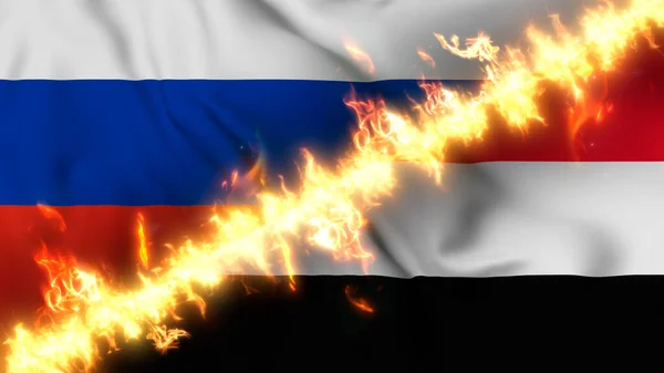 Ilustración Una Bandera Ondeante Rusia Yemen Separadas Por Una Línea —  Fotos de Stock