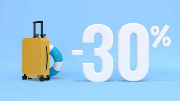 3d text minus 30 percent with luggage for travel on a blue background. Concept for travel agencies, websites, travel discount, vacation. 3d rendering