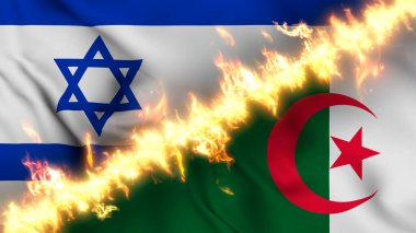İsrail ve Cezayir 'in ateş hattıyla ayrılmış bir bayrağının tasviri. Çapraz bayraklar: iki ülke arasındaki gergin ilişkilerin, çatışmaların ve rekabetin tasviri