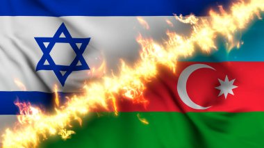 İsrail ve Azerbaycan 'ın ateş hattıyla ayrılmış bir bayrağının tasviri. Çapraz bayraklar: iki ülke arasındaki gergin ilişkilerin, çatışmaların ve rekabetin tasviri