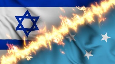 İsrail ve Mikronezya Birleşik Devletleri 'nin ateş hattıyla ayrılmış bir bayrağının tasviri. Çapraz bayraklar: iki ülke arasındaki gergin ilişkilerin, çatışmaların ve rekabetin tasviri