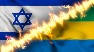 İsrail ve Gabon 'un ateş hattıyla ayrılmış bir bayrağının tasviri. Çapraz bayraklar: iki ülke arasındaki gergin ilişkilerin, çatışmaların ve rekabetin tasviri