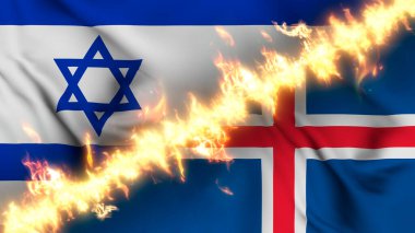 İsrail ve İzlanda 'nın ateş hattıyla ayrılmış bir bayrağının tasviri. Çapraz bayraklar: iki ülke arasındaki gergin ilişkilerin, çatışmaların ve rekabetin tasviri