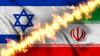 İsrail ve İran 'ın ateş hattıyla ayrılmış bir bayrağının tasviri. Çapraz bayraklar: iki ülke arasındaki gergin ilişkilerin, çatışmaların ve rekabetin tasviri