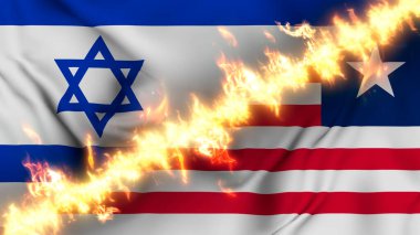 İsrail ve Liberya 'nın ateş hattıyla ayrılmış bir bayrağının tasviri. Çapraz bayraklar: iki ülke arasındaki gergin ilişkilerin, çatışmaların ve rekabetin tasviri