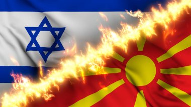 İsrail ve Makedonya 'nın ateş hattıyla ayrılmış bir bayrağının tasviri. Çapraz bayraklar: iki ülke arasındaki gergin ilişkilerin, çatışmaların ve rekabetin tasviri
