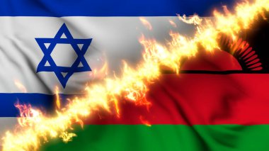 İsrail ve Malawi 'nin ateş hattıyla ayrılmış bir bayrağının tasviri. Çapraz bayraklar: iki ülke arasındaki gergin ilişkilerin, çatışmaların ve rekabetin tasviri