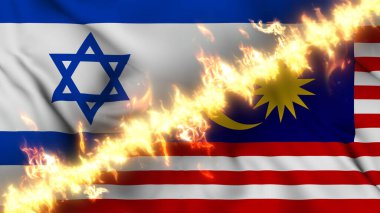 İsrail ve Malezya 'nın ateş hattıyla ayrılmış bir bayrağının tasviri. Çapraz bayraklar: iki ülke arasındaki gergin ilişkilerin, çatışmaların ve rekabetin tasviri