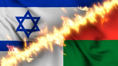 İsrail ve Madagaskar 'ın ateş hattıyla ayrılmış bir bayrağının tasviri. Çapraz bayraklar: iki ülke arasındaki gergin ilişkilerin, çatışmaların ve rekabetin tasviri