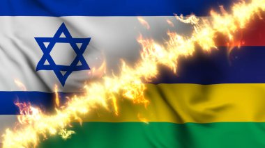 İsrail ve Mauritius 'un ateş hattıyla ayrılmış bir bayrak tasviri. Çapraz bayraklar: iki ülke arasındaki gergin ilişkilerin, çatışmaların ve rekabetin tasviri