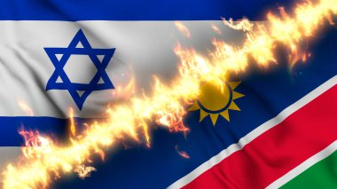 İsrail ve Namibya 'nın ateş hattıyla ayrılmış bir bayrağının tasviri. Çapraz bayraklar: iki ülke arasındaki gergin ilişkilerin, çatışmaların ve rekabetin tasviri