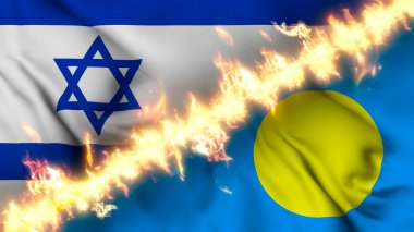 İsrail ve Palau 'nun ateş hattıyla ayrılmış bir bayrağının görüntüsü. Çapraz bayraklar: iki ülke arasındaki gergin ilişkilerin, çatışmaların ve rekabetin tasviri
