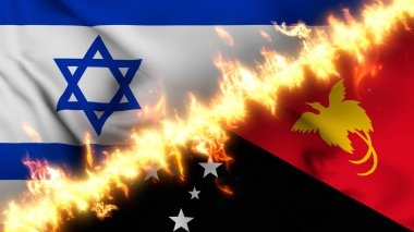 İsrail ve Papua Yeni Gine 'nin ateş hattıyla ayrılmış bir bayrağının tasviri. Çapraz bayraklar: iki ülke arasındaki gergin ilişkilerin, çatışmaların ve rekabetin tasviri