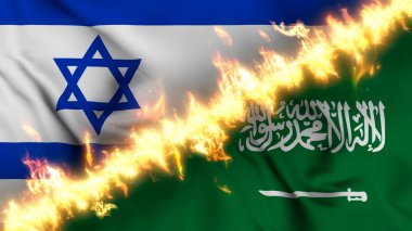 İsrail ve Suudi Arabistan 'ın ateş hattıyla ayrılmış bir bayrağının tasviri. Çapraz bayraklar: iki ülke arasındaki gergin ilişkilerin, çatışmaların ve rekabetin tasviri