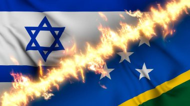 İsrail ve Solomon Adaları 'nın ateş hattıyla ayrılmış bir bayrağının tasviri. Çapraz bayraklar: iki ülke arasındaki gergin ilişkilerin, çatışmaların ve rekabetin tasviri