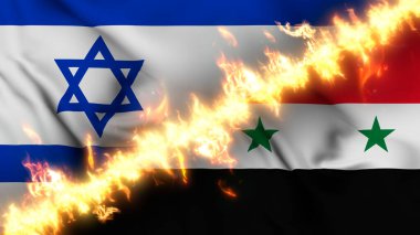 İsrail ve Suriye 'nin ateş hattıyla ayrılmış bir bayrağının tasviri. Çapraz bayraklar: iki ülke arasındaki gergin ilişkilerin, çatışmaların ve rekabetin tasviri