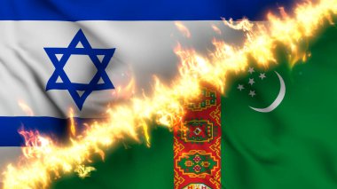 İsrail ve Türkmenistan 'ın ateş hattıyla ayrılmış bir bayrağının tasviri. Çapraz bayraklar: iki ülke arasındaki gergin ilişkilerin, çatışmaların ve rekabetin tasviri