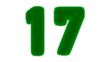 İzole edilmiş beyaz arka planda çimen şeklinde doğal yeşil yazı tipinden 17 numara. 3d resimleme