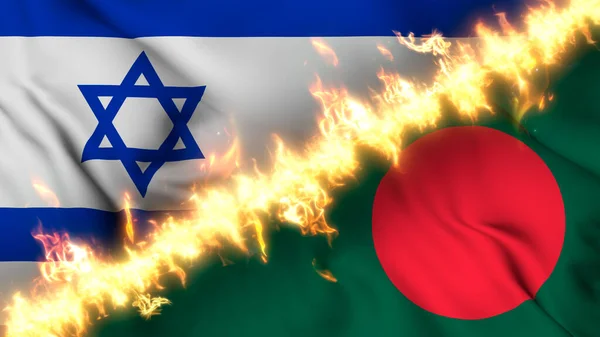 stock image Illustration of a waving flag of Israel and Bangladesh separated by a line of fire. Crossed flags: depiction of strained relations, conflicts and rivalry between the two countries