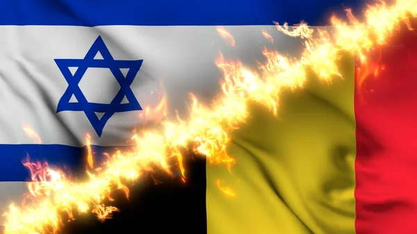 Illustration of a waving flag of Israel and Belgium separated by a line of fire. Crossed flags: depiction of strained relations, conflicts and rivalry between the two countries